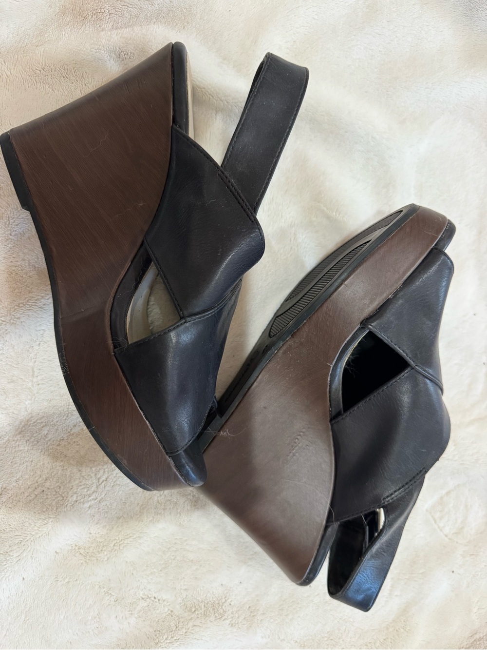 Montego Bay Club Black Leather Slingback Wedge Sandals